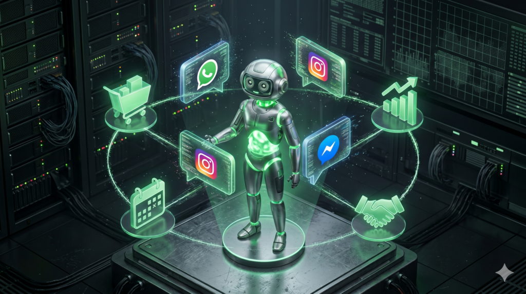 Ilustración de un agente de IA conectado a WhatsApp, Instagram y Messenger, automatizando tareas de negocio como ventas, agenda y atención al cliente