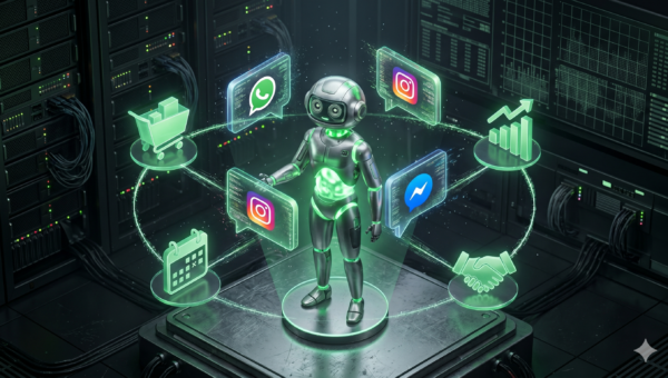 Ilustración de un agente de IA conectado a WhatsApp, Instagram y Messenger, automatizando tareas de negocio como ventas, agenda y atención al cliente